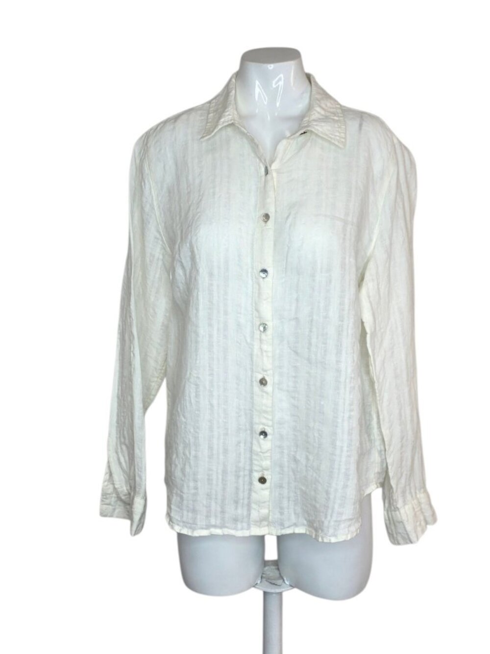 Rachel Roy 100% Linen Button Up Shirt, White, Collared, Long Sleeve, Size M